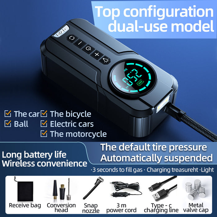 Portable Wireless Tire Inflator: 150PSI Cordless Air Compressor with Digital Pressure Gauge & LED Emergency Light