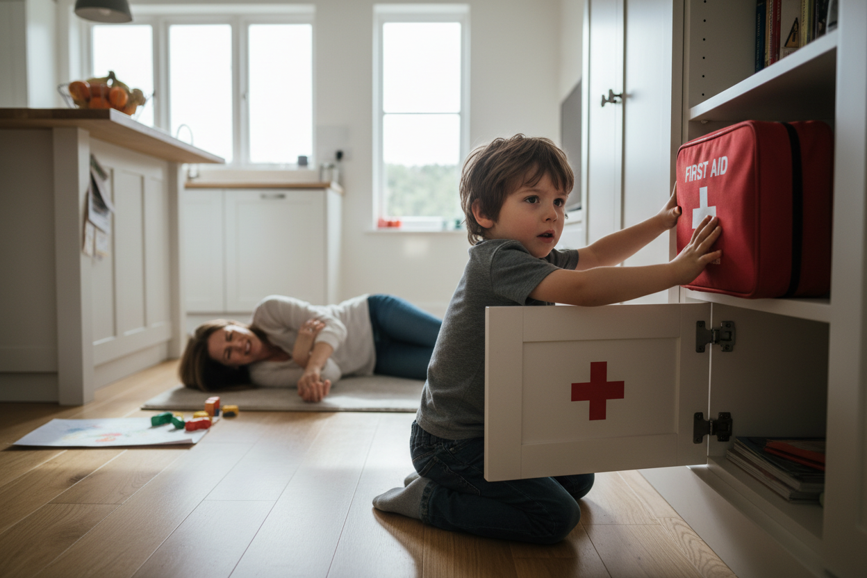 Child helping injured mother - realistic urgent scene
